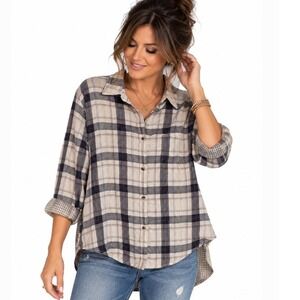 Hatley Sadie Plaid Button Down Shirt Metallic High Low Hem Medium